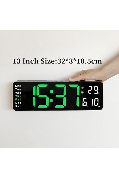 Choice 13 Inch Black Green Large Digital Wall Clock Temp Date Week Display Remote Control Power Off Memory