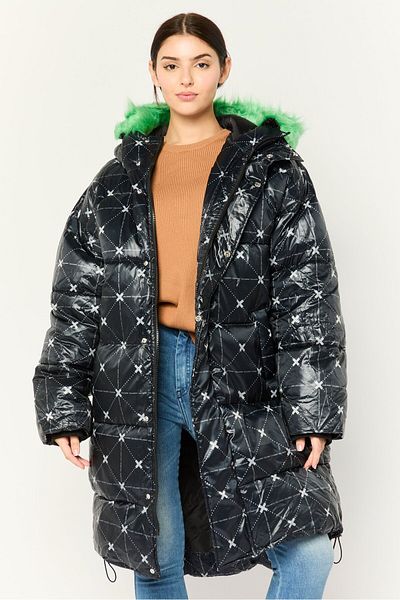 collusion Women Allover Printed Puffer Jacket, Black