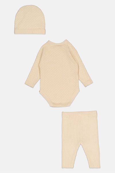 Rock A Bye Baby Boutique Toddlers Boy 3 Pieces Knitted Bodysuit And Pants With Cap Set, Cream