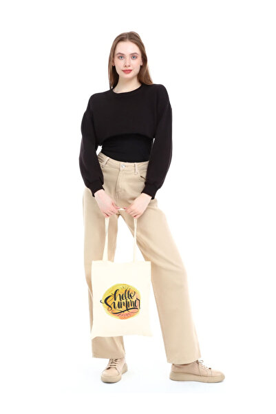 Çınar Bez Çanta Geantă colorată din pânză brută imprimată Hello Summer - Bej ...