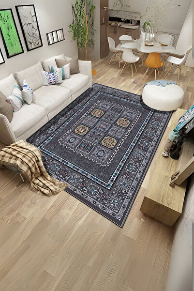 SÜNGERSAN Afgan Türkmen Desenli Klasik Renkli Salon ve Oturma Odası Halısı Kaymaz Yıkanabilir