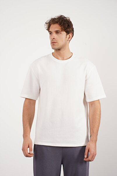 PAKONN Ekru Men's Waffle Oversize/Cut Cotton Crew Neck Short Sleeve T-Shirt