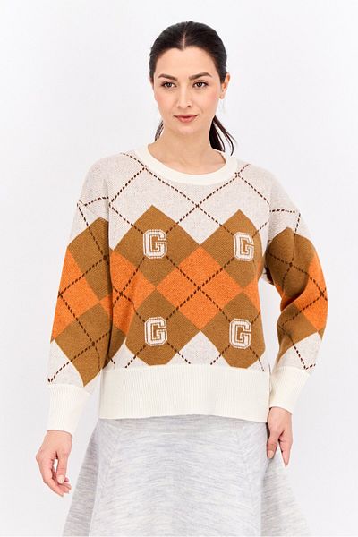 Gant Women Crew Neck Argyle Sweaters, Cream