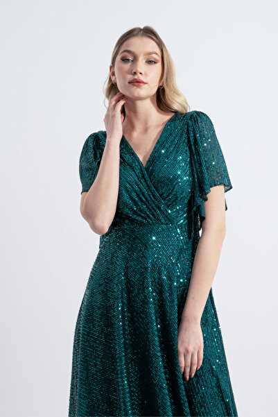 HOX'S Rochie de seară midi evazată Angel verde smarald - cu paiete, decolteu dublu și tiv asimetric