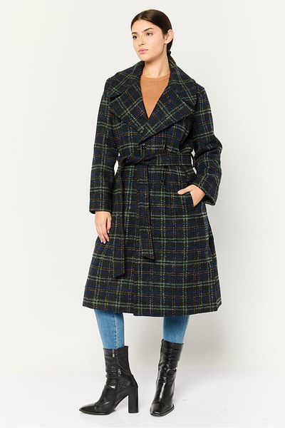 Anne Klein Women Plaid Belted Trench Coat, Black