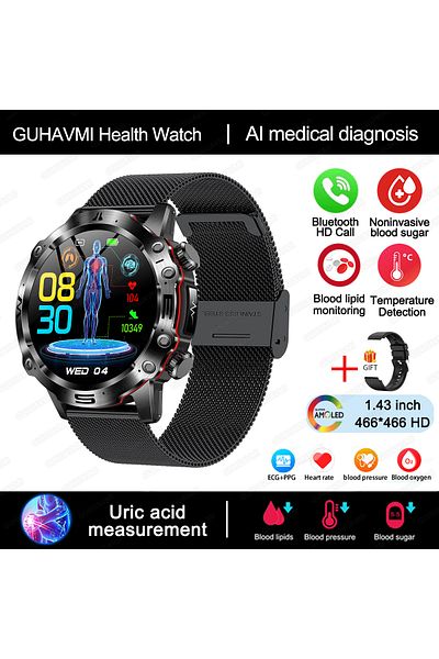 Choice Black Mesh Belt New Healthy Blood Lipids Uric Acid Blood Sugar Smart Watch Men ECG+PPG Fitness Track