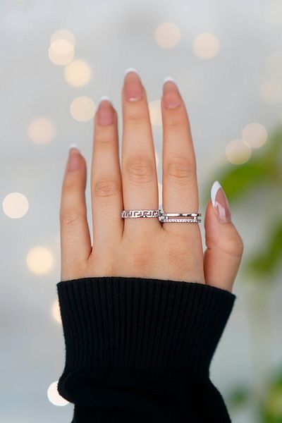 The Collection Set of 2 Zircon Stone Waterway Double and Maze Model Silver Adjustable Women's Ring Set (2 Rings)