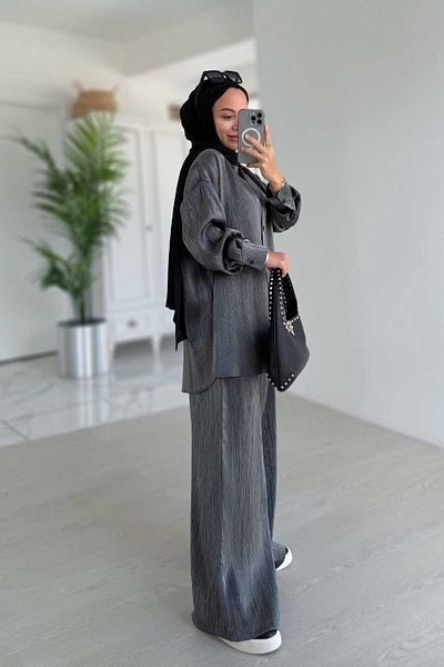 Ka Hijab Set din două piese cu textura strălucitoare - antracit