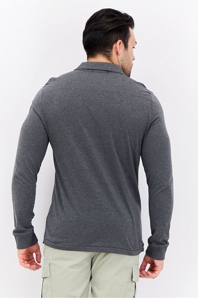 French Connection Men Regular Fit Brand Logo Long Sleeves Polo Shirt, Charcoal Grey