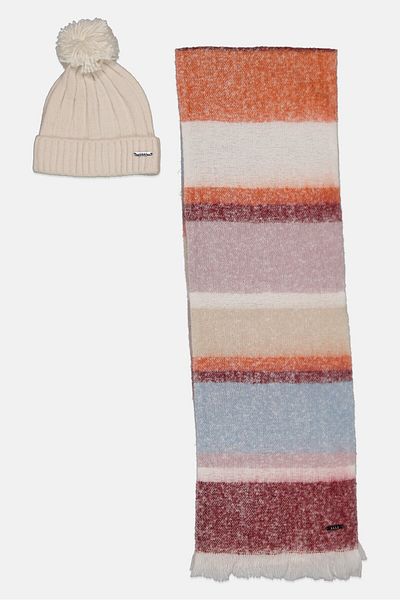 ELLE Women Color Block Scarves With Beanie Set, White