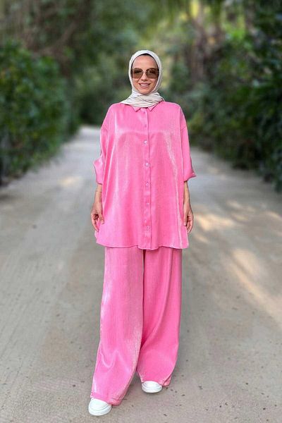 Ka Hijab Ροζ γυαλιστερή υφή φαρδιά εφαρμογή διπλό κοστούμι