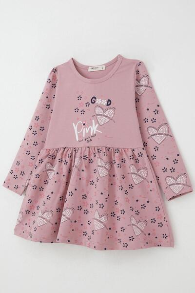 Breeze Kız Çocuk Uzun Kollu Elbise Moda Temalı Çiçek Desenli 3-7 Yaş, Gülkurusu