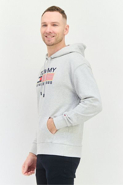 Tommy Jeans Men Hooded Brand Logo Fleece Sweatshirts, Heather Grey