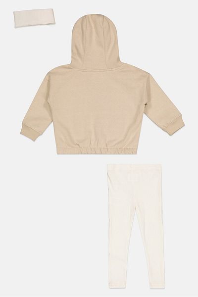 Fudo Toddlers Girl 3 Pieces Solid Hoodie And Leggings With Head Band Set, Beige