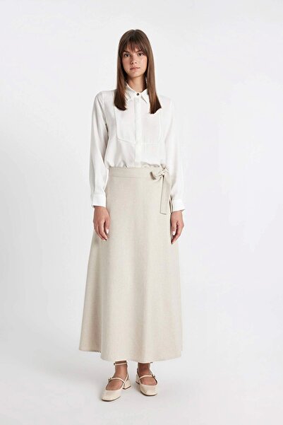 DeFacto D1345 Екрю Регулярний крій Довгорукавна сорочка-туніка