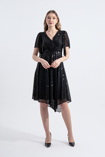 HOX'S Angel | Payetli Midi Kloş Abiye Elbise Kruvaze Yaka Mendil Kol Asimetrik Etek - Siyah