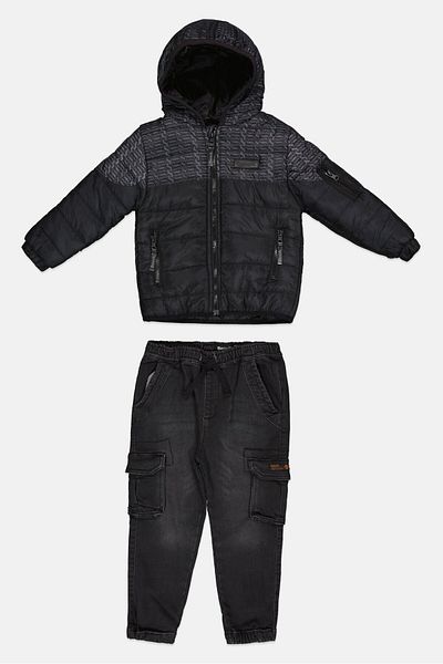 BENCH Toddlers Boy 3 Piece Hooded Brand Logo Puffer Jacket Set, Black Combo