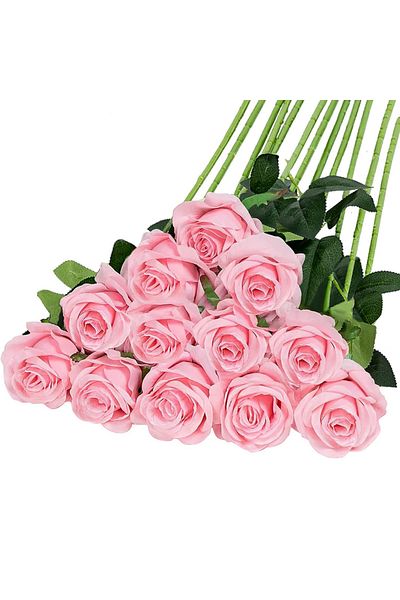 Choice Pink 12pcs Realistic Artificial Rose Bouquet For Weddings, Birthdays, And More For Floral Arrangeme