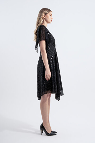 HOX'S Angel | Payetli Midi Kloş Abiye Elbise Kruvaze Yaka Mendil Kol Asimetrik Etek - Siyah