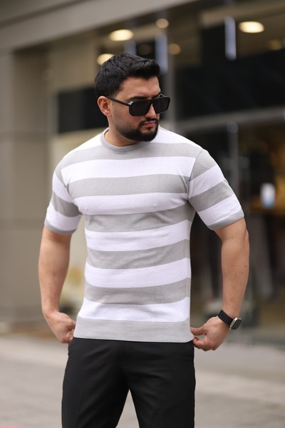 Know Taş Gri Bisiklet Yaka Çizgili Triko Tişört