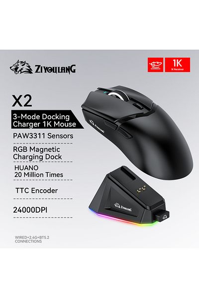 Choice ماوس ألعاب X2 أسود RGB شاحن مغناطيسي لاسلكي، 24000 نقطة في البوصة، اتصال بلوتوث ثلاثي الأوضاع 1K