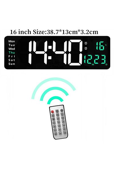 Choice 16 Inch Green Temp Large Digital Wall Clock Temp Date Week Display Remote Control Power Off Memory T