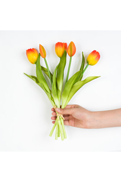 Choice باقة زهور توليب صناعية من السيليكون باللون الأحمر الغروب، 5 قطع، ديكور...