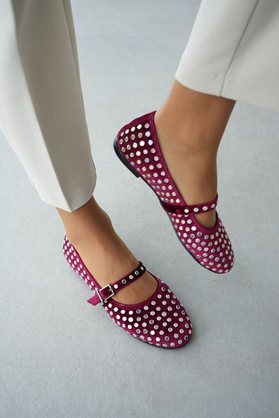 selinshoes Studded on Velvet Fabric Strong Women's Ballerinas with Ankle-Tied