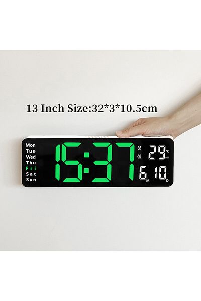 Choice 13 Inch White Green Large Digital Wall Clock Temp Date Week Display Remote Control Power Off Memory