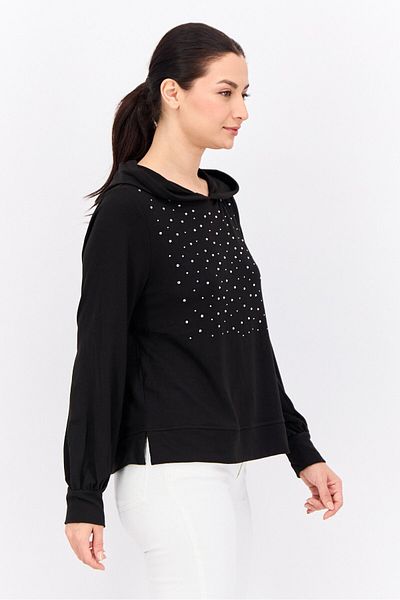 Love Scarlett Women Hooded Long Sleeve Rhinestone Sweatshirt, Black