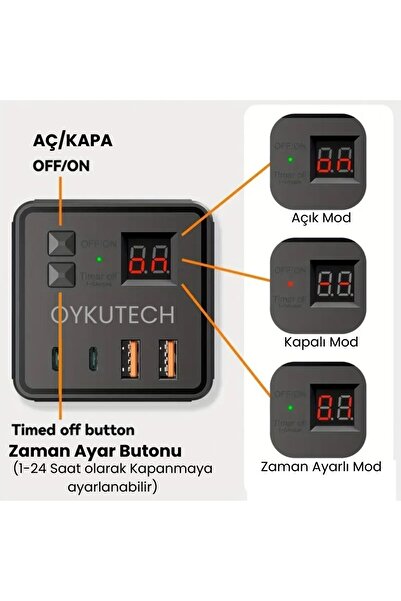 OYKUTECH Akım Korumalı Priz 7ın1 Black