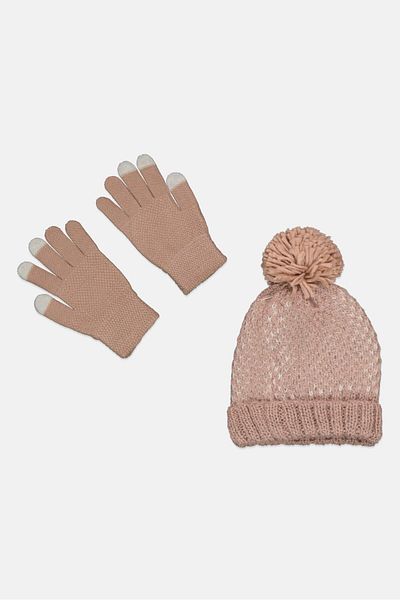 ELLE Women Knitted Hat And Gloves Sets, Light Pink