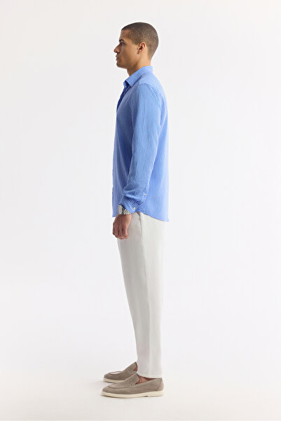 Avva Erkek Mavi Alttan Britli Yaka Çizgili Viskon Karışımlı Comfort Fit Gömlek A51Y2128