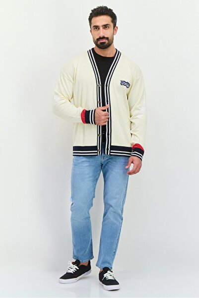 Perry Ellis Men V Neck Embroidered Cardigan, Cream