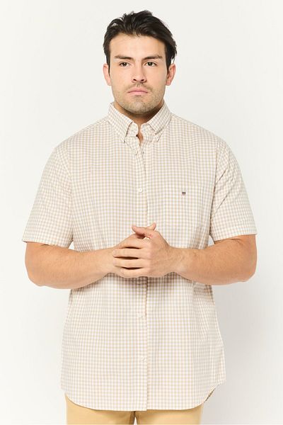 Gant Men Regular Fit Gingham Print Short Sleeves Casual Shirt, Beige