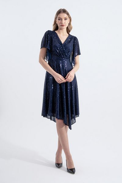 HOX'S Angel Sequined Midi Evening Dress - Double Breasted Neckline and Asymmetrical Skirt, Handkerchief Sleeves - Navy