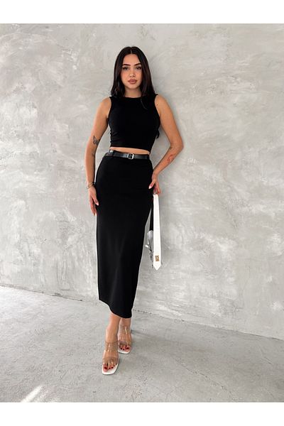 Ozy Fashion Fusta lungă din țesătură tricotată din oțel negru, cu detaliu de fante în spate