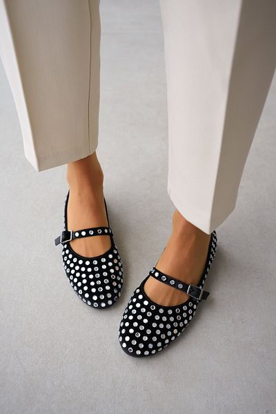 selinshoes Caren Black Velvet Fabric with Silver Staple Detail Ankle Tie Women's Ballerinas - Silver