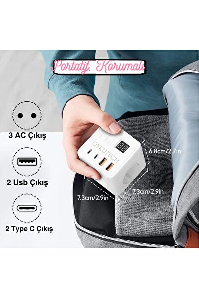OYKUTECH Akım Korumalı Priz 3x AC 2x Usb 2x Type C Çıkış