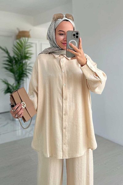Ka Hijab Shiny Textured Loose Cut Beige Double Set