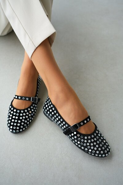 selin shoes Balerini de damă Caren cu curea la gleznă cu țesătură de catifea neagră și detaliu argintiu cu capse - ARGINTIU