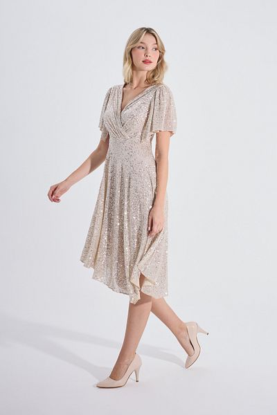 HOX'S Βραδινό φόρεμα Angel Beige Midi - Παγιέτες, διπλός γιακάς και ασύμμετρο στρίφωμα
