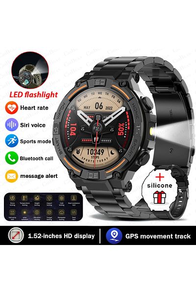 ChiBear Black steel belt Smartwatch Military Men 360*360 HD Screen Flashlight Health Monitoring Waterproof H