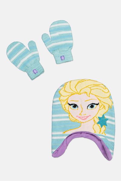 Disney Frozen طقم مكون من قطعتين من القبعات والقفازات الرسومية للفتيات الصغيرات، باللون الفيروزي