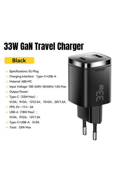 Choice شاحن ESSAGER أسود اللون، مزود بمقبس أوروبي، بقوة 33 واط، بتقنية GaN، و...