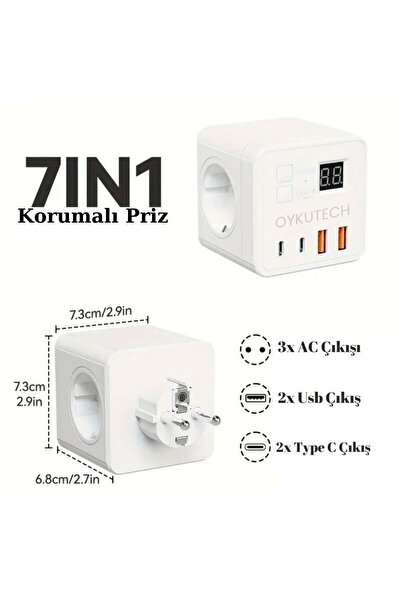 OYKUTECH Akım Korumalı Priz 3x AC 2x Usb 2x Type C Çıkış
