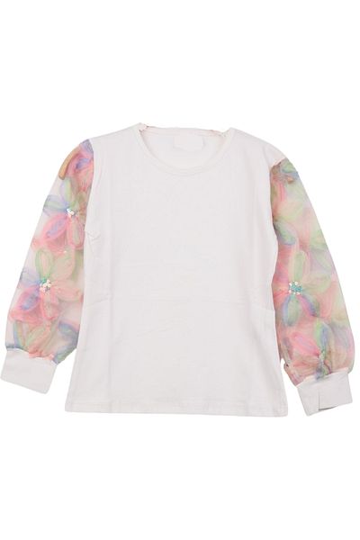 İrem Çocuk Giyim Girl's White Color Blouse with Tulle Sleeves and Flower Detail