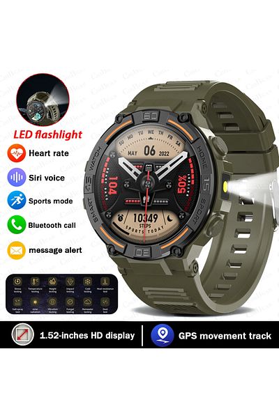 ChiBear Green silicone belt Smartwatch Military Men 360*360 HD Screen Flashlight Health Monitoring Waterproo