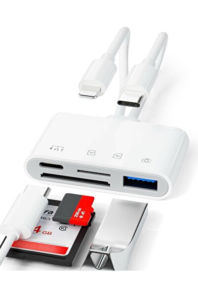MATECHNO 4 İn 1 Lightning Type-c Çıkışlı Çoklu Kablolu Otg Çevirici Adaptör Sd Tf Kart Okuyucu Usb Hub