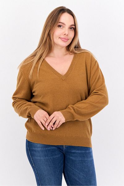 Gant Women V-neck Embroidered Logo Sweater, Tan